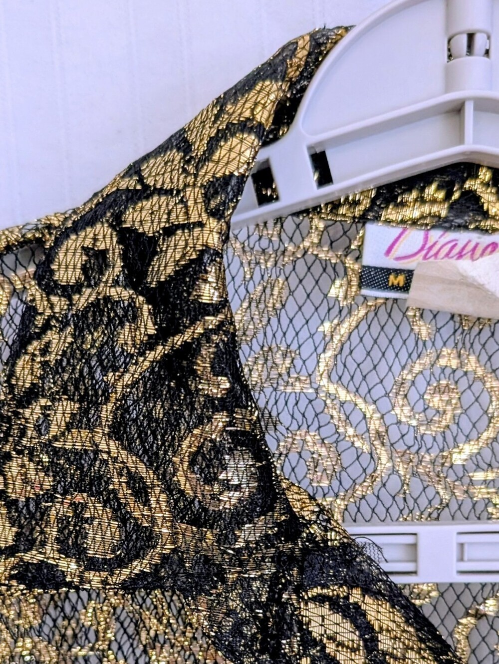 Diana Marco Vintage Blouse Black Net Lace with Very Metallic Gold Accents 60"